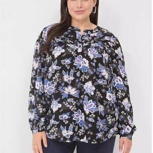 Lane Bryant NEW Crew-Neck Pintuck Blouse Womens Size 18 Black Floral Popover Top